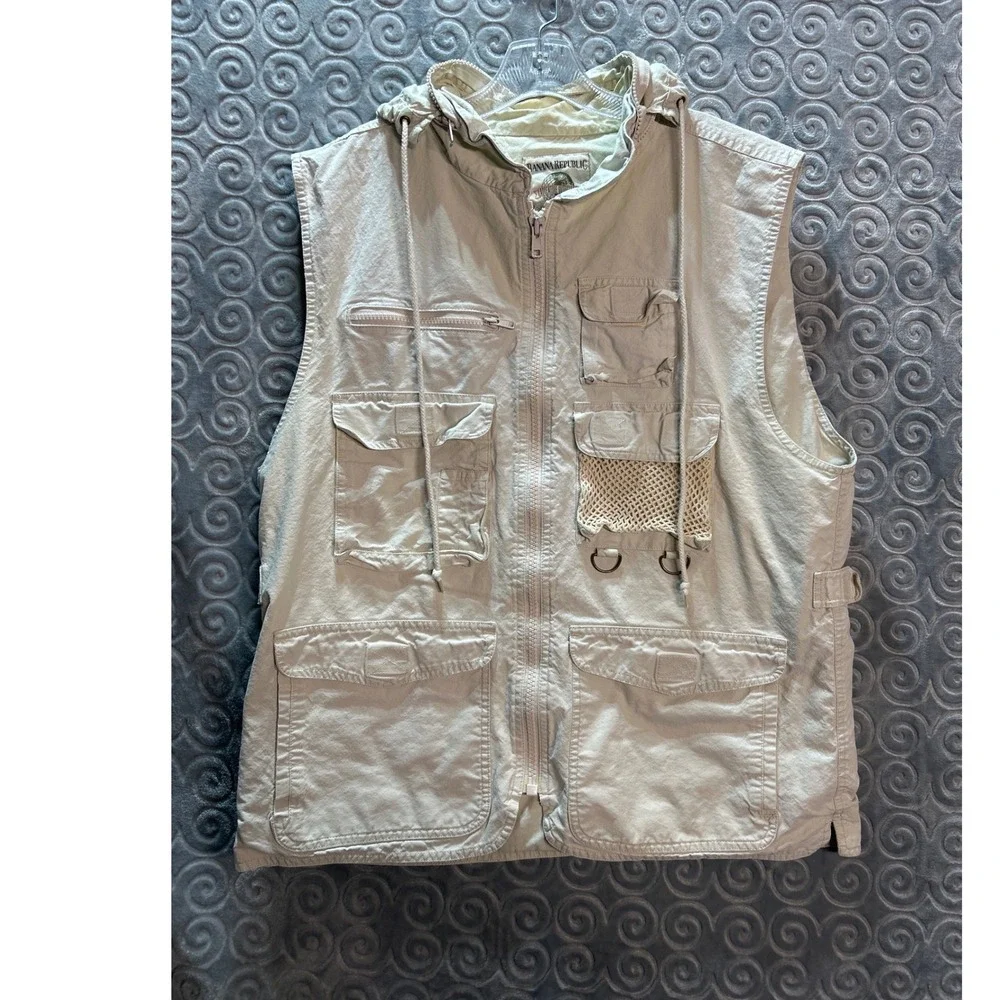Banana Republic Khaki  Vest‎ Hooded Multi Pocket Zip Up Sleeveless Men Siz L